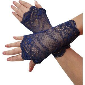 Women's Navy Fingerless Short Lace Gloves Elegant Design Wedding Party Costume
